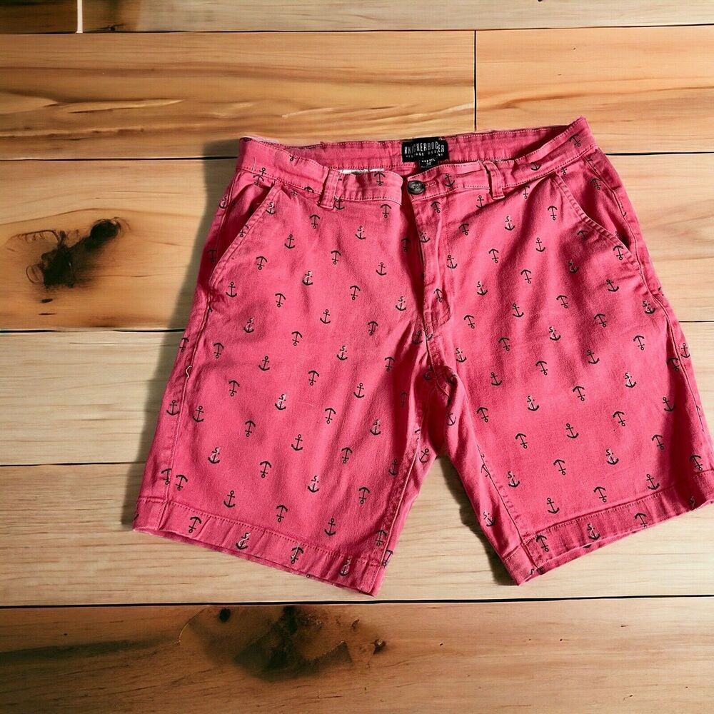 KnickerBocker Mens‎ Chino Shorts Red Salmon Denim Anchor Ocean Print Sz 34